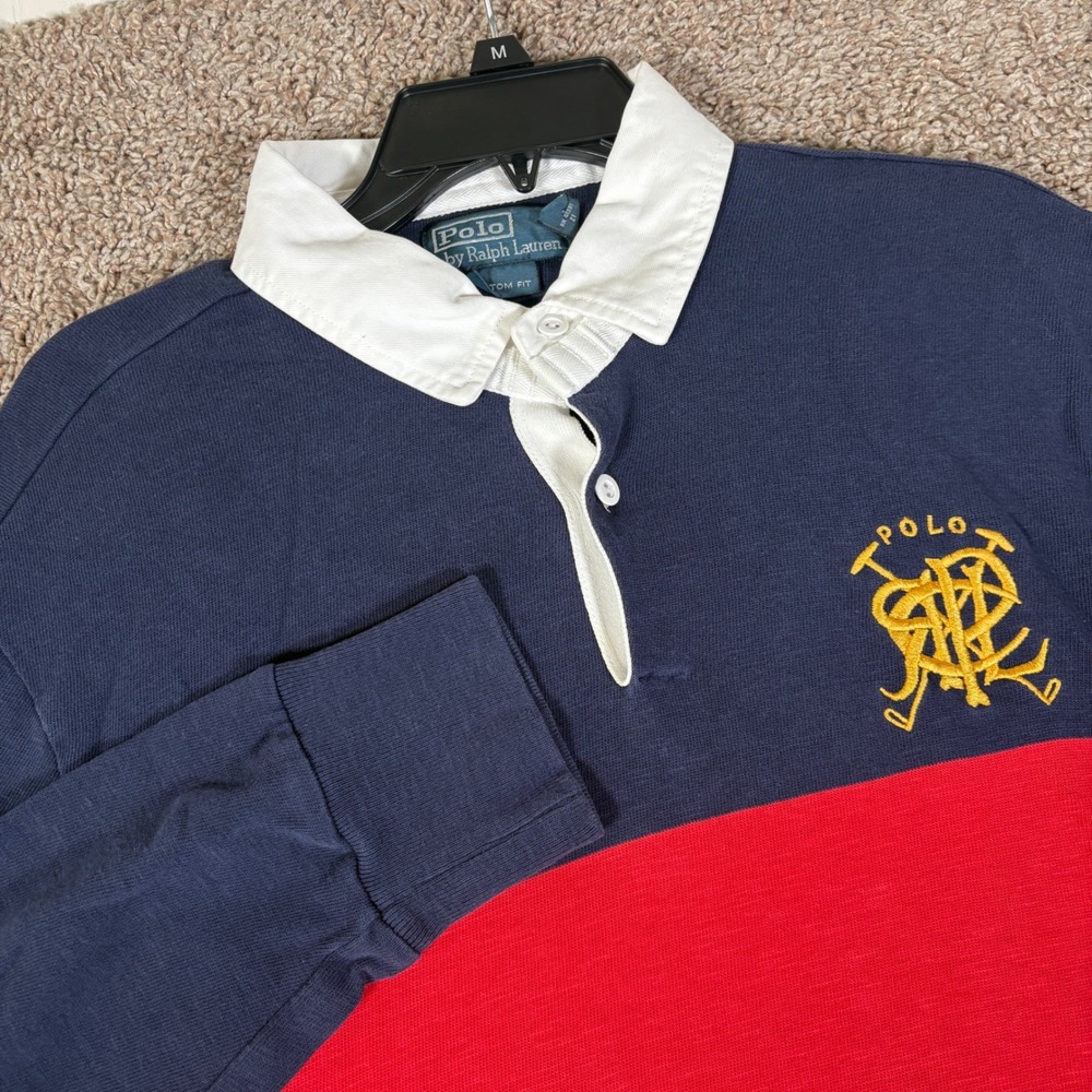 Polo Ralph Lauren Mens XL Custom Fit Rugby Shirt Navy Striped Crest Logo
